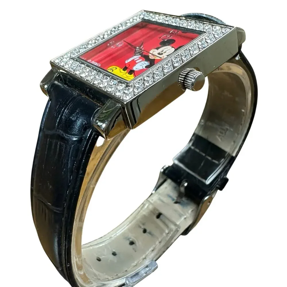Vintage Disney Mickey Mouse Watch Reptile Print Band Swarovski Type Crystals